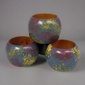 Set of 4 Boho Splatter Paint Multicolor Lacquered Wooden Napkin Rings Colorful